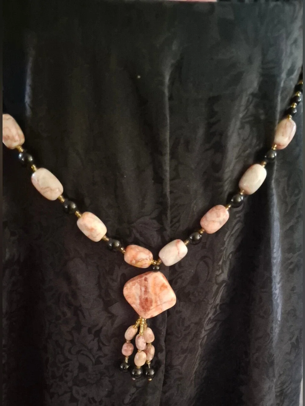 Pink Stone Beaded Pendant Necklace - Women Jewelry Black Onix And Shells. Heavy